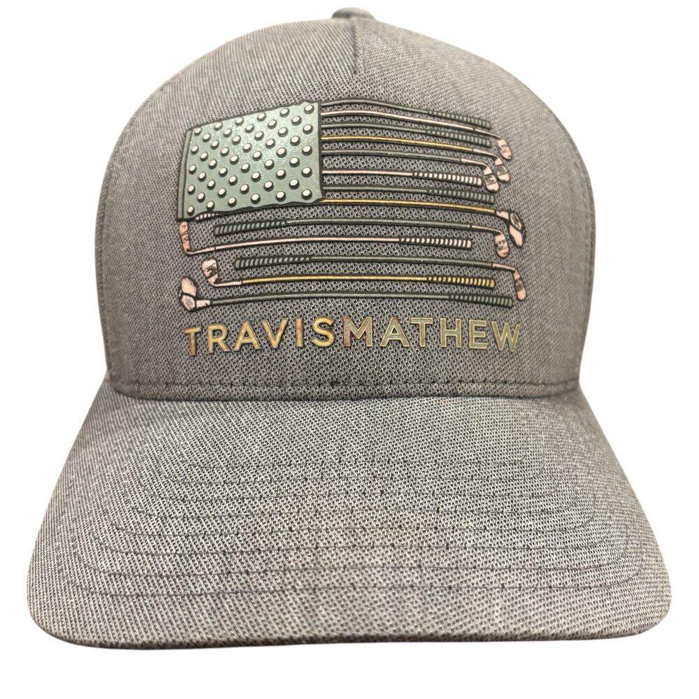Travis Mathew American Flag Golf Clubs Print FlexFit Hat Gray Men’s S/M USA